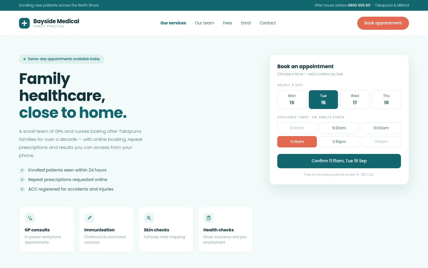 Sample medical centre website with an online appointment booking panel and service tiles.