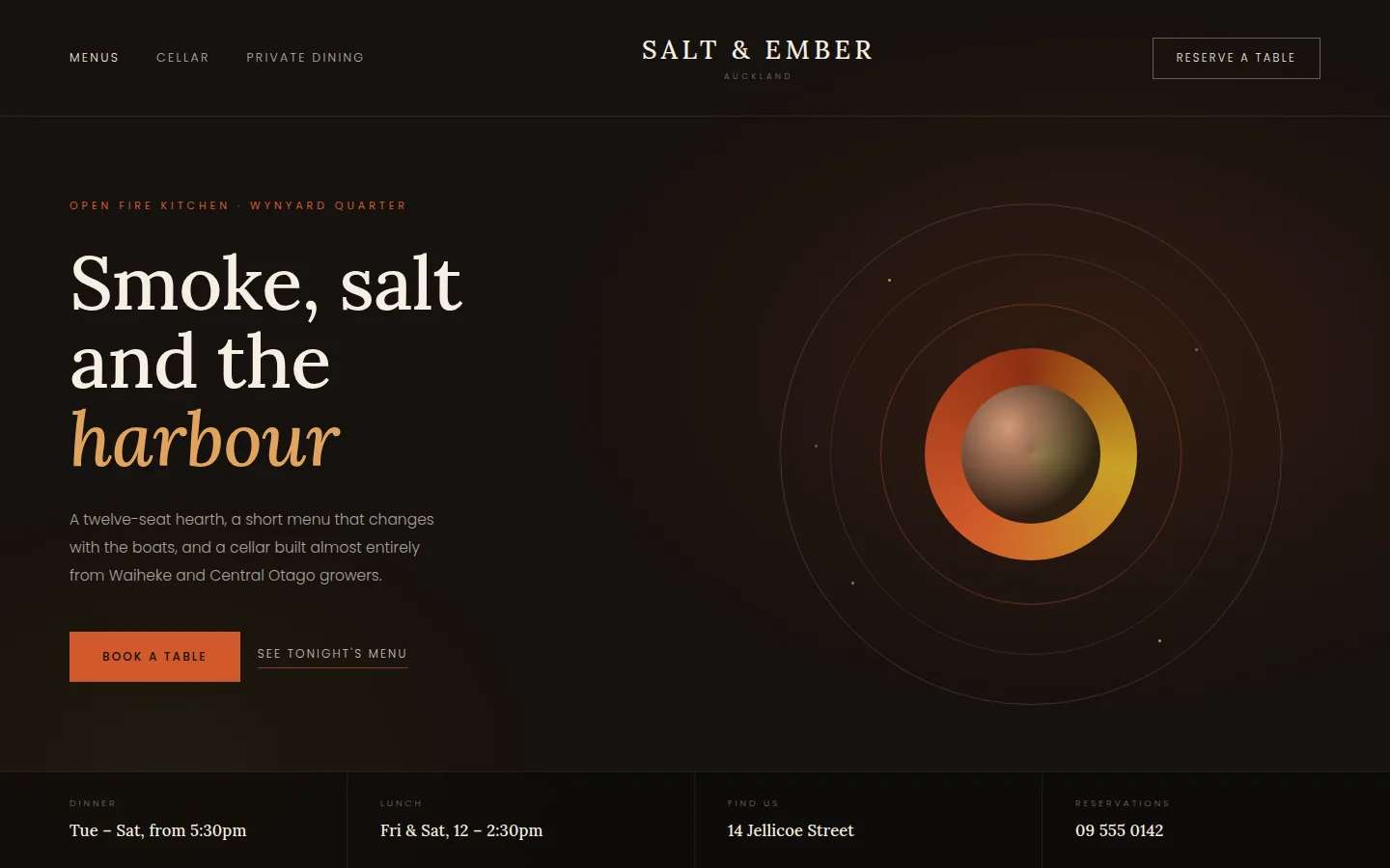 Sample restaurant website: dark, serif-led homepage with reservation booking and opening hours.