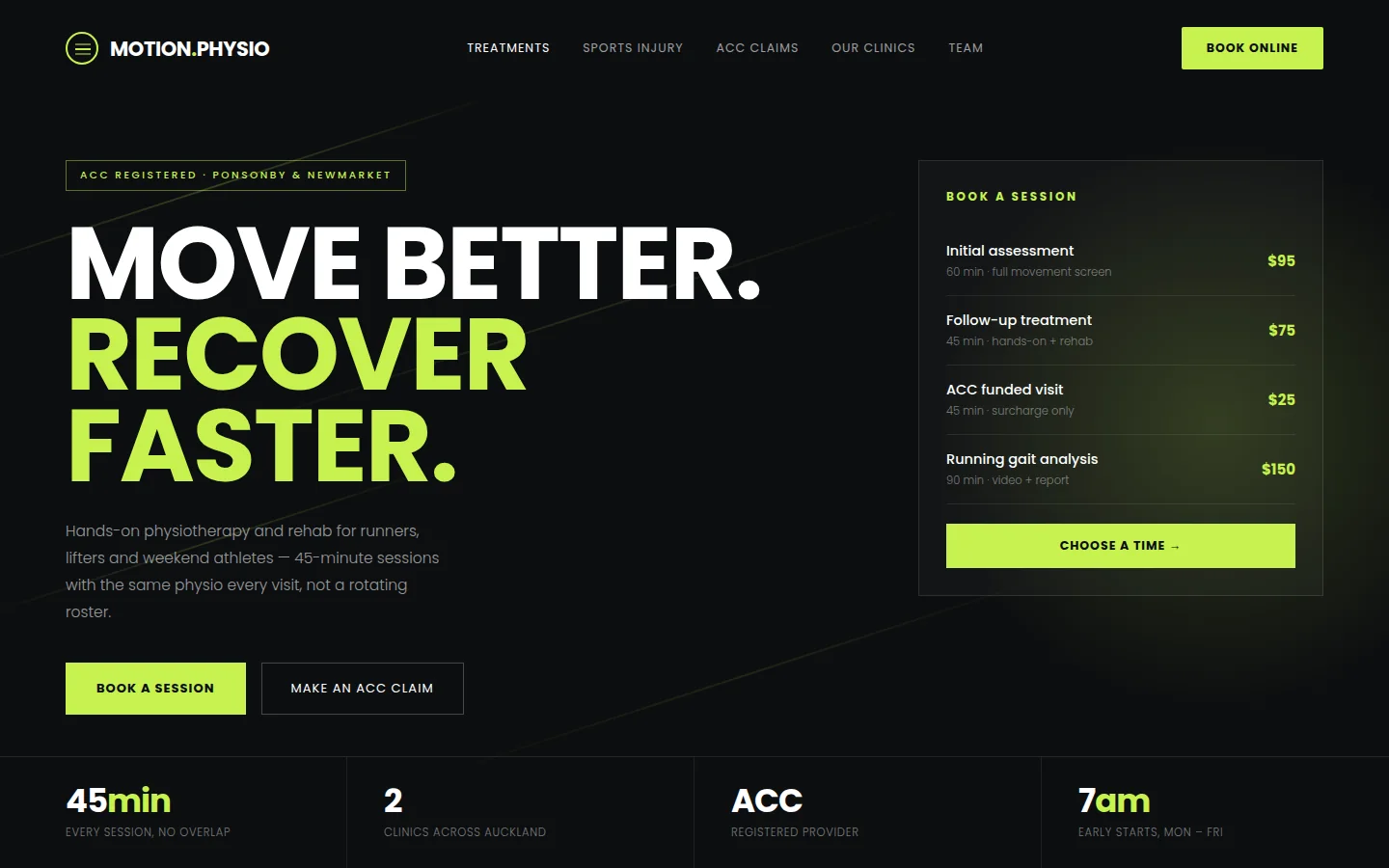 Sample physiotherapy website: bold dark layout with session pricing and online booking.