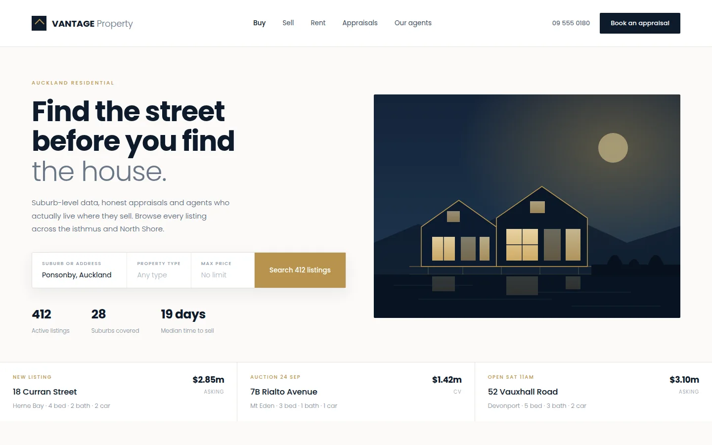 Sample real estate website: suburb search bar, listing cards and a dusk house illustration.