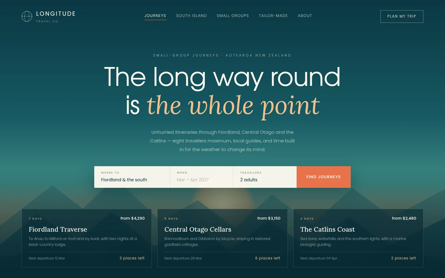 Sample travel website: layered landscape hero, trip search bar and journey cards.
